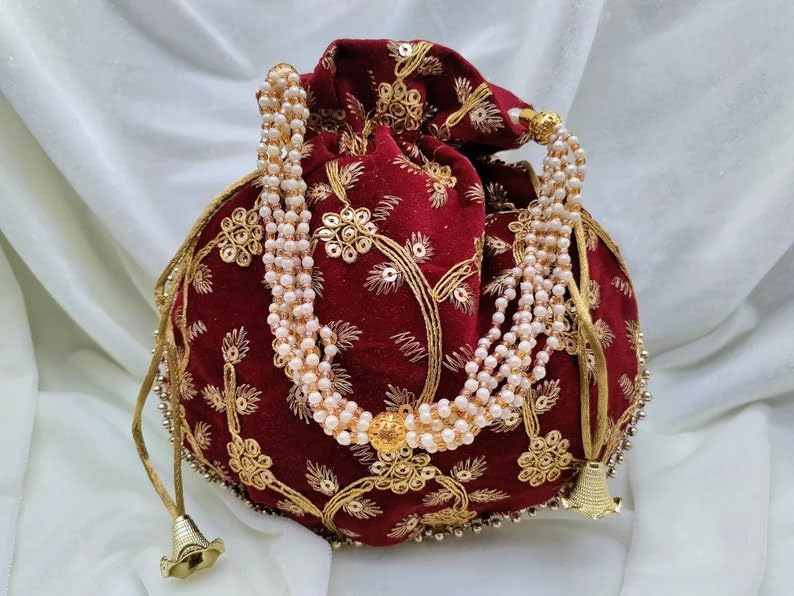 IGH India Gift Hub Indian Handmade Women's Velvet Embroidered Potli Purse Bag Pouch Drawstring Bag | Indian Potli Handbag - Image 5
